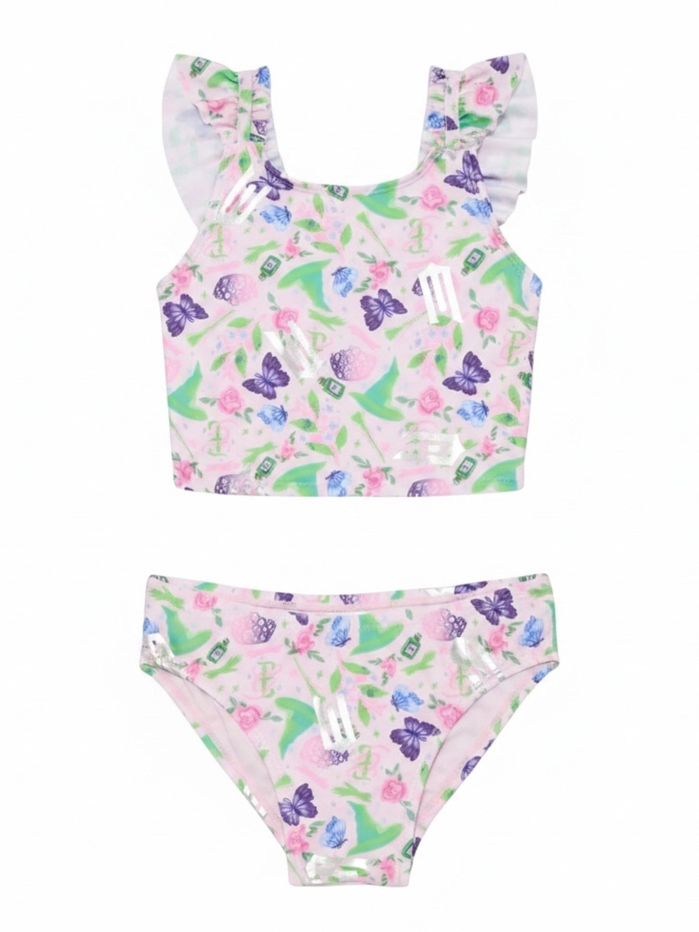Floral Ruffle-Shoulder Tankini Set in Pastel Pink New